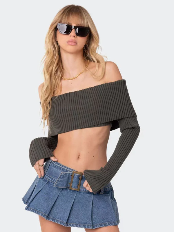 Ribbed Off-Shoulder Long Sleeve Crop sweaterCroptopspirit