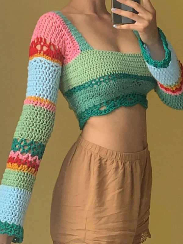 Crocket Colorful Lace-Up Back Square Neck Bell Sleeve Crop SweaterCroptophistory