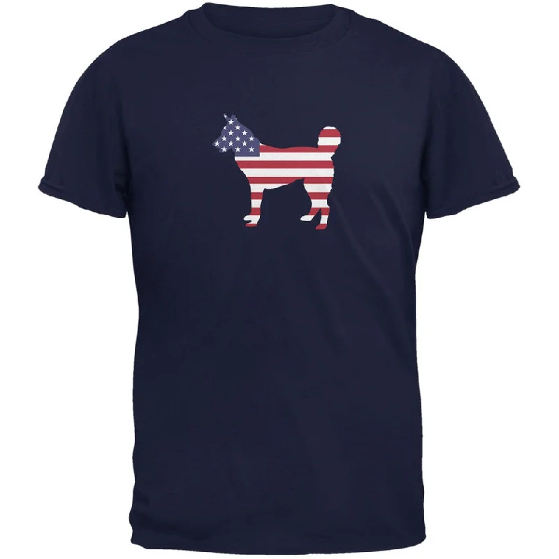 Gym T-Shirts4th of July Patriotic Dog Siberian Husky Navy Adult T-Shirt