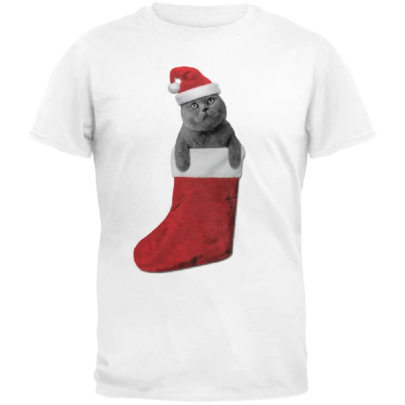 Plush T-ShirtsChristmas Stocking Cat White Adult T-Shirt