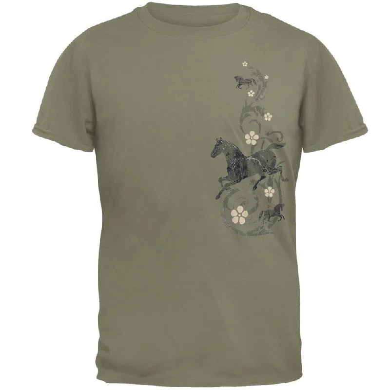 Distressed T-ShirtsHorses & Floral Scroll Adult T-Shirt