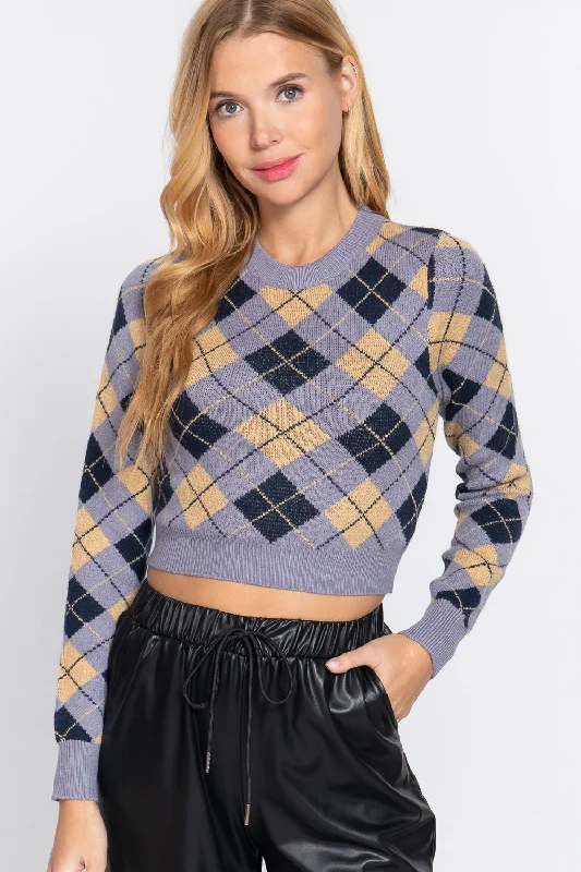 Women's Argyle Jacquard Crop SweaterCroptopexperience