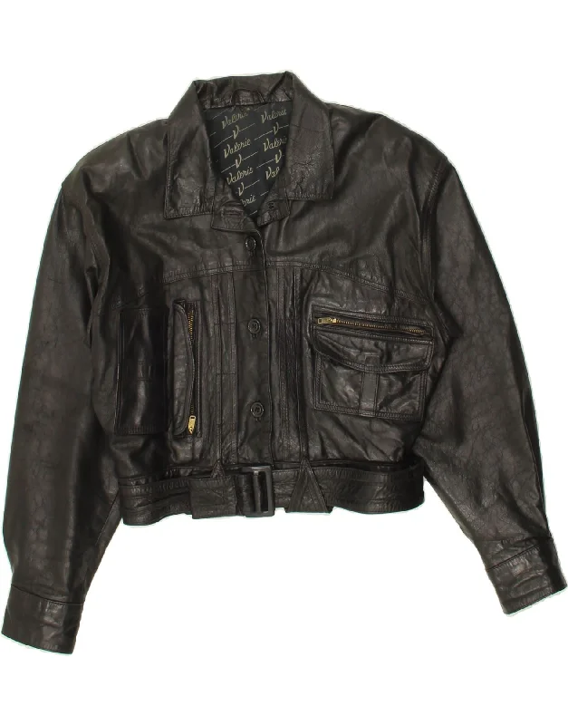 VINTAGE Womens Crop Leather Jacket EU 36 Small Black LeatherCroptoptexture