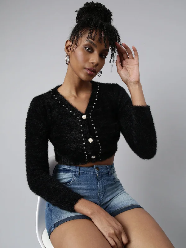 Women Solid Black Crop CardiganCroptopnostalgia