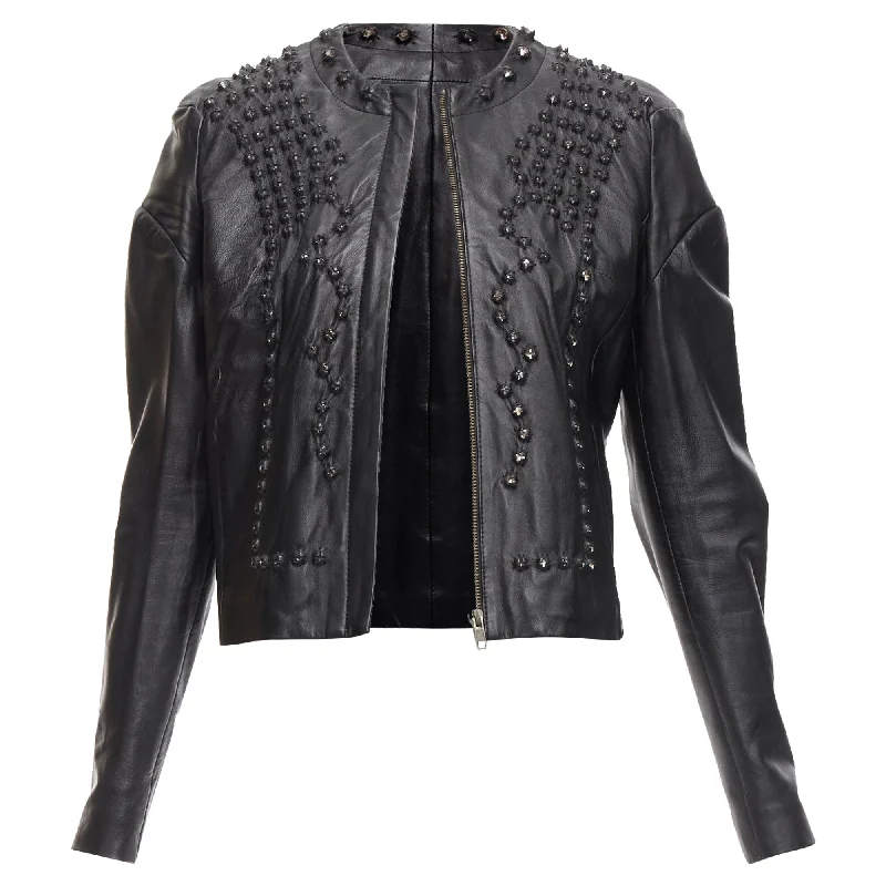 Givenchy Sheepskin Clear Crystal Studded Cropped Leather JacketCroptopunique