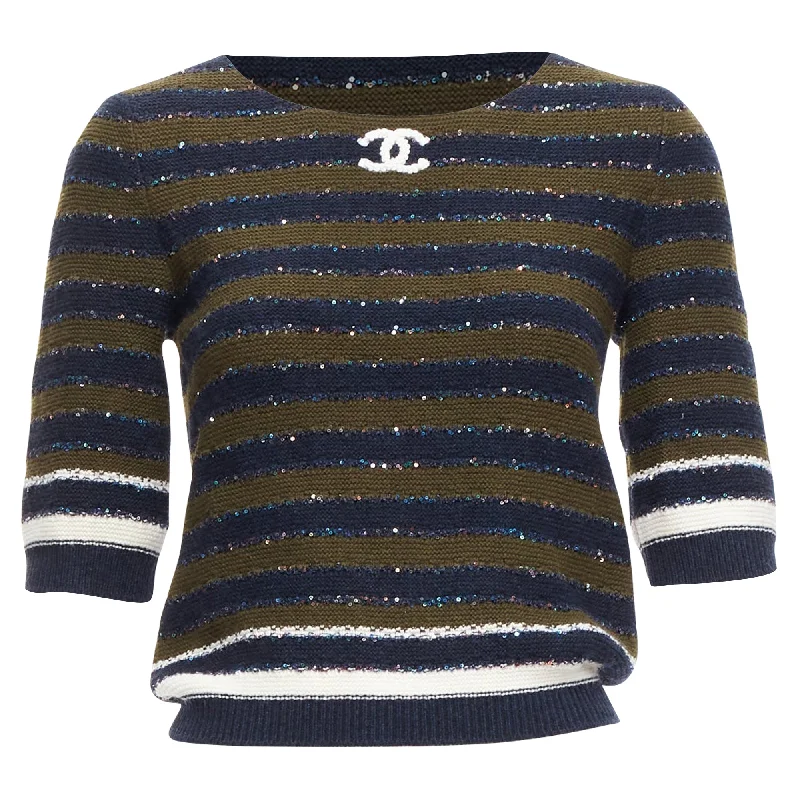 Chanel sequin cashmere blend cc logo stripe crop sweaterCroptopfit