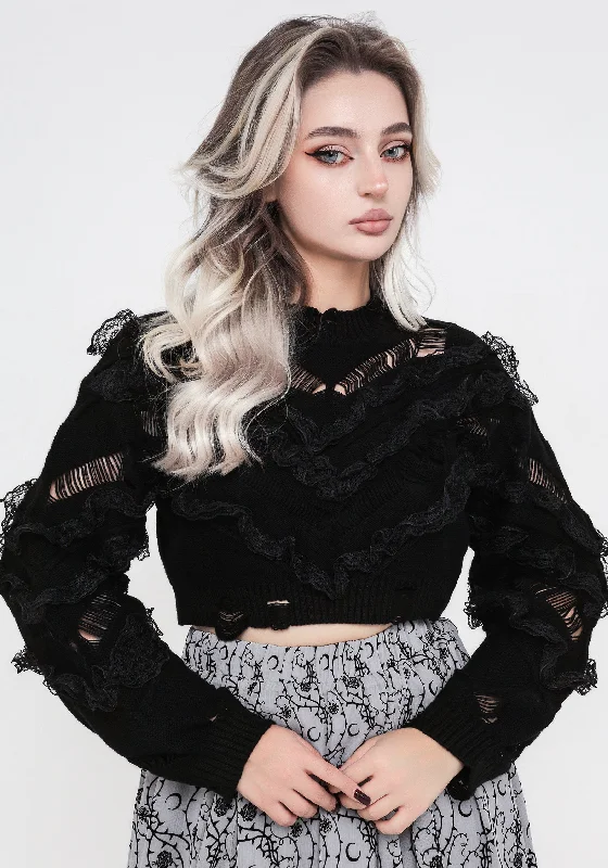 Volla Lace Ruffle Distressed Knit Crop JumperCroptopdevice