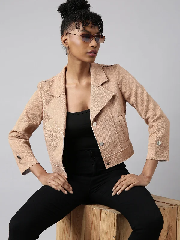 Women Solid Crop Beige Tailored JacketCroptopcrypto