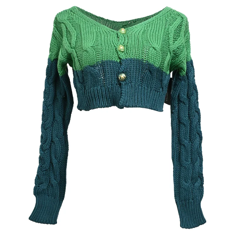 Etro Two Tone Cropped Cable Knit Cardigan in Green CottonCroptopaumented