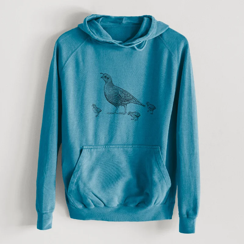 Collaborative SweatshirtsCalifornia Quail with Babies - Callipepla californica  - Mid-Weight Unisex Vintage 100% Cotton Hoodie