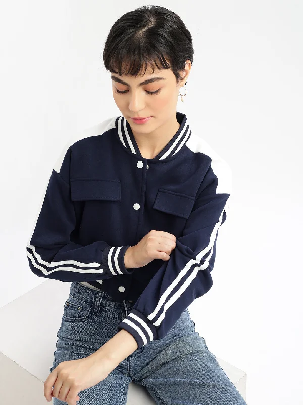 Women Navy Blue Crop Varsity JacketCroptopclassic