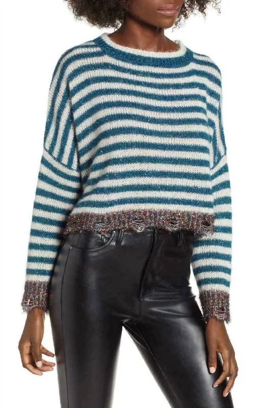 Tinsel Stripe Metallic Crop Holiday Christmas Long Sleeve Sweater In MulticolorCroptopgadget