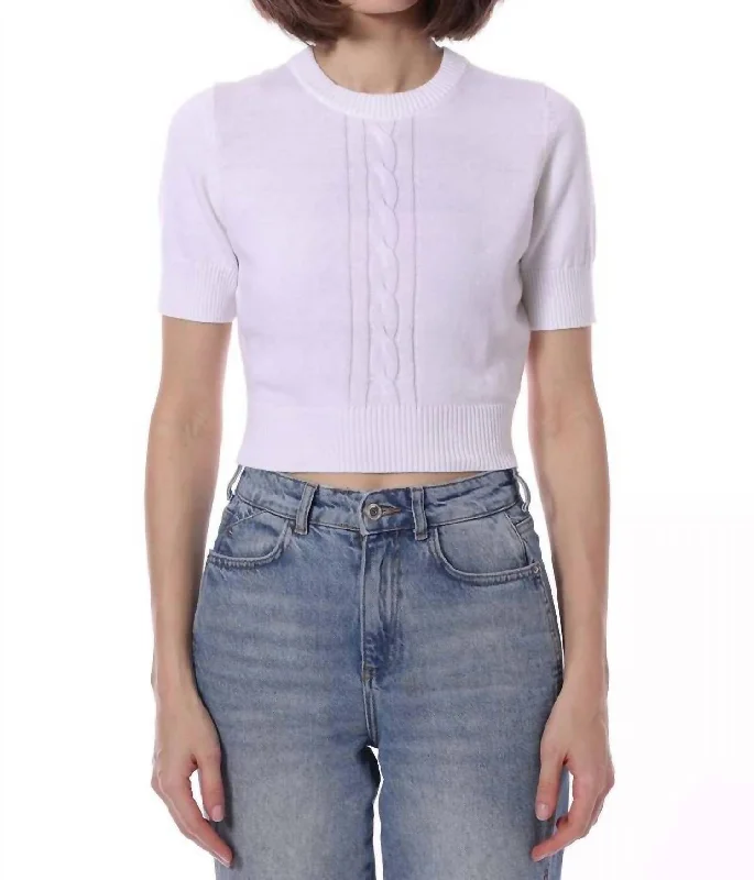 Short Sleeve Cropped Center Cable Sweater In WhiteCroptopweb