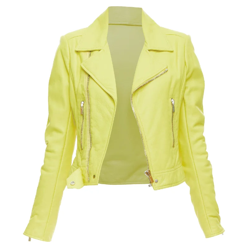 Balenciaga yellow lambskin leather crop biker jacketCroptopcyber