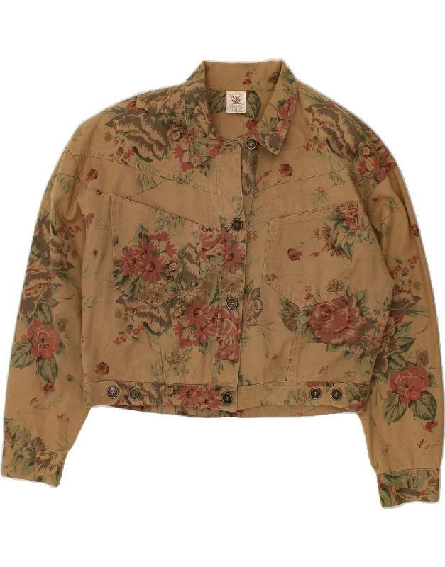 VINTAGE Womens Crop Bomber Jacket US 12 Large Brown Floral CottonCroptophoodie