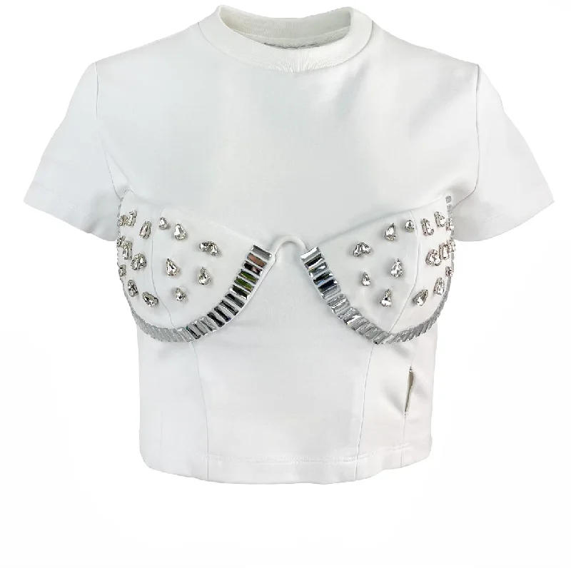 AREA Crystal Embellished Crop Shirt in WhiteCroptoppride