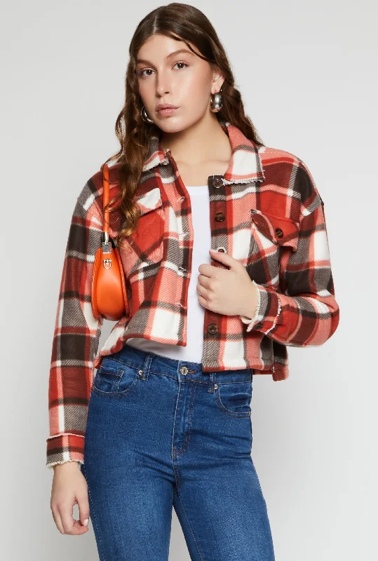 Plaid Sherpa Lined Cropped Button Front ShacketCroptopwear