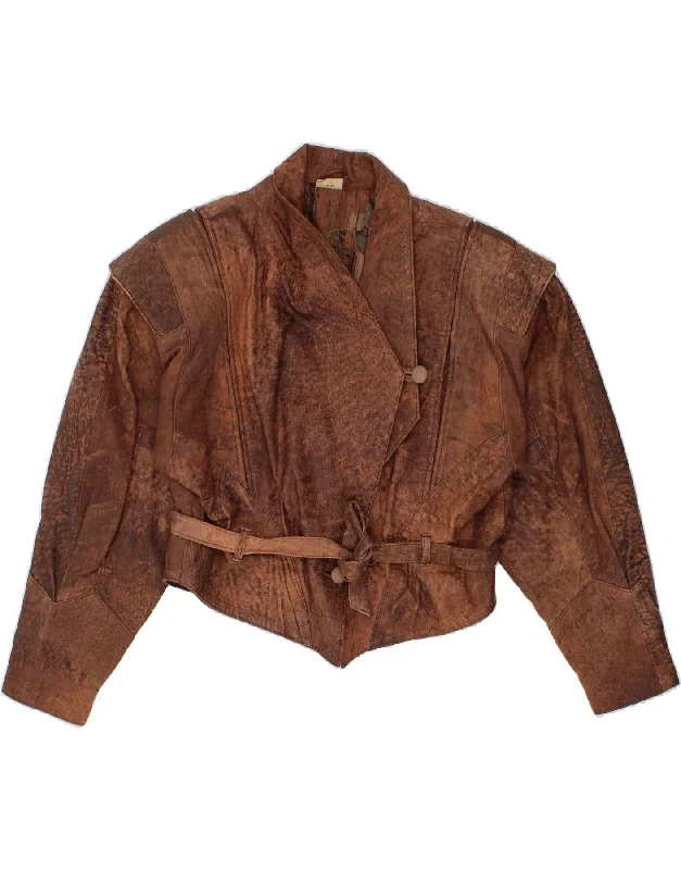 VINTAGE Womens Crop Leather Jacket IT 40 Small Brown LeatherCroptopcasual