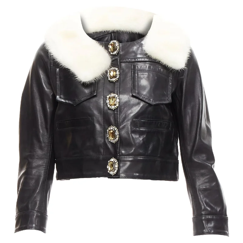 Dsquared2 asymmetric fur collar jewel button cropped leather jacketCroptoptailor