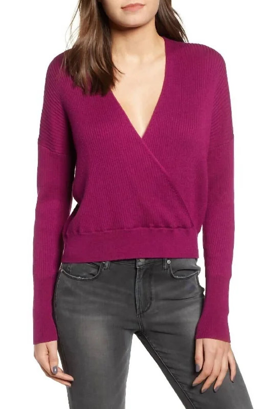 Rib Wrap Long Sleeve Crop Sweater In PurpleCroptopdata