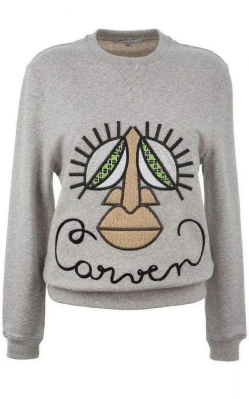 Travel SweatshirtsWoven Gray Cotton Embroidered Face Sweatshirt