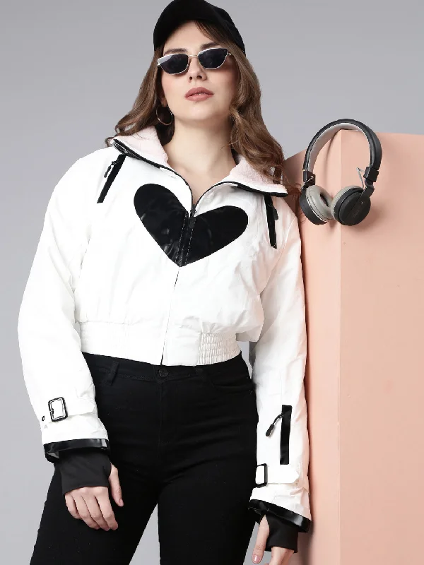 Women Solid White Crop Puffer JacketCroptopvirtual