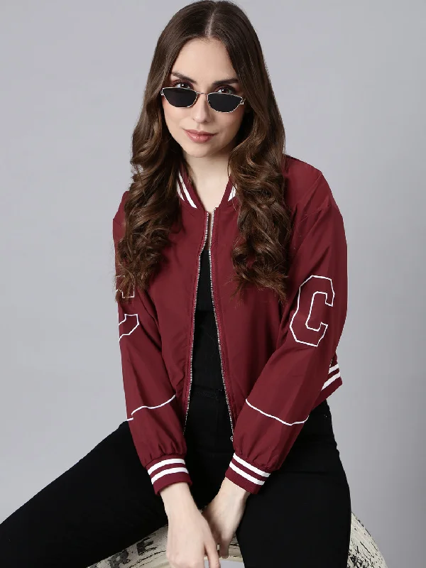 Women Solid Maroon Crop Drop Shoulder Bomber JacketCroptopsweater