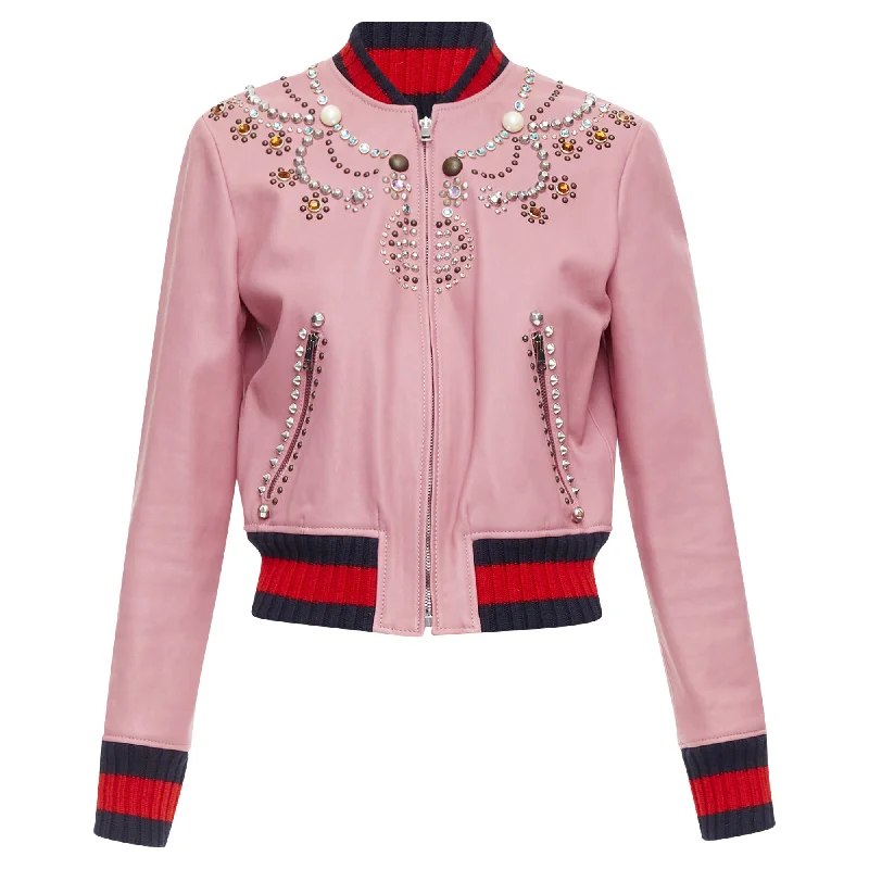 Gucci lambskin pearl embellished web trim crop bomberCroptopar