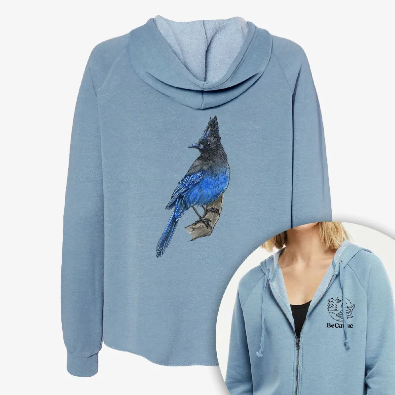 Printed SweatshirtsVibrant Coastal Steller's Jay - Cyanocitta stelleri - Women's Cali Wave Zip-Up Sweatshirt