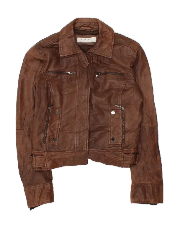 ZARA Womens Crop Leather Jacket UK 14 Large Brown LeatherCroptophem