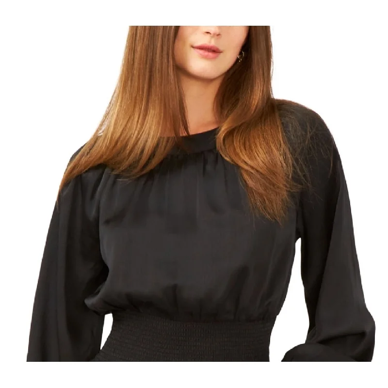 1.State Women's Satin Smocked Waist Blouse Black Size X-SmallZippered Shirts