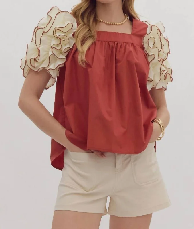 Brick Blouse With White RuffleLayered Shirts