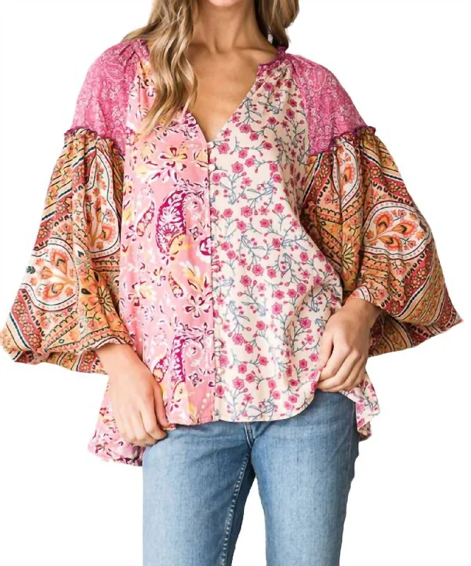 Button Front Print Mixed Blouse In PinkUrban Shirts