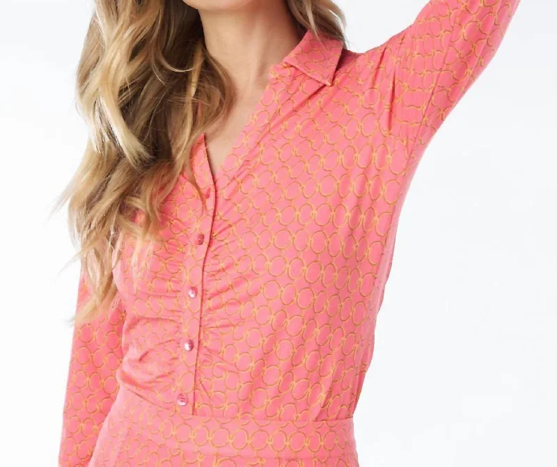 Chain Print Gather Front Blouse In PinkDress Shirts