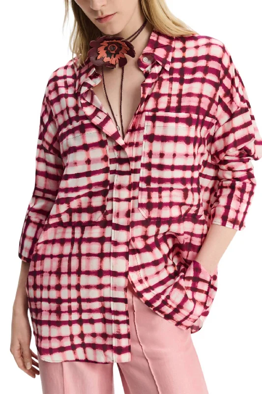 Checked Statement Blouse Top In Pink Check MixPocket Shirts