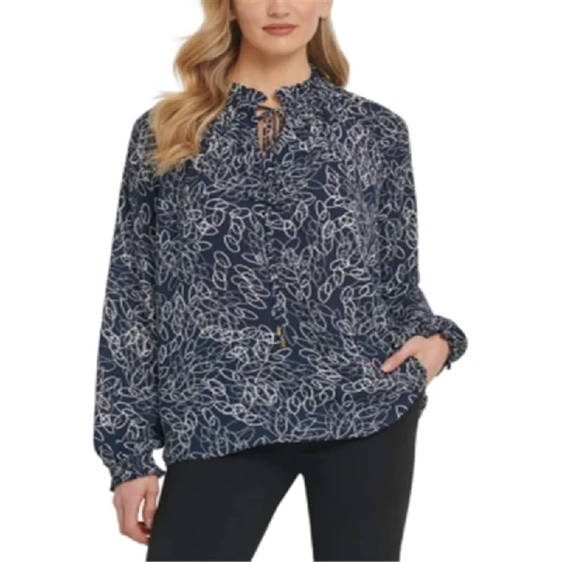 DKNY Women's Birds of Paradise Printed Ruffle Blouse Blue Size -XLQuick-Dry Shirts