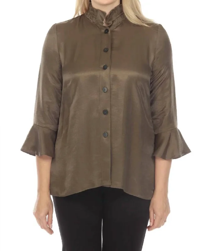 High Neck Flare Sleeve Blouse In Olive GreenButton-Down Shirts