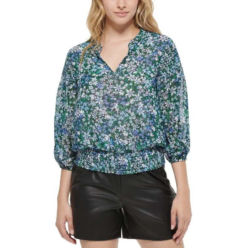 Karl Lagerfeld Paris Women's Floral Print Smocked Blouse BlueLounge Shirts