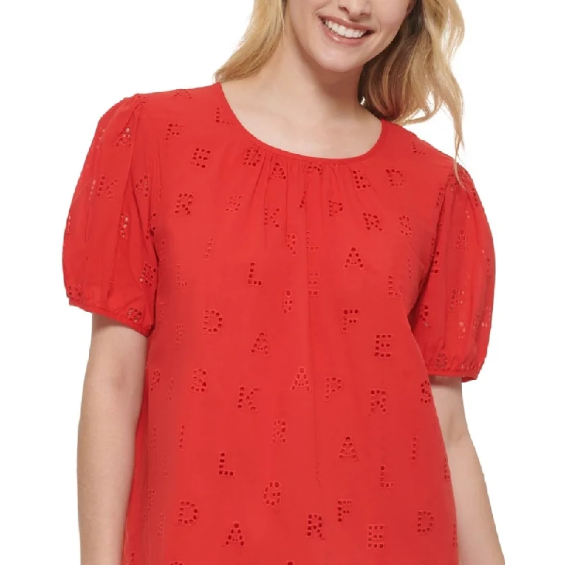 Karl Lagerfeld Paris Women's Logo Eyelet Blouse Red Size SmallRainproof Shirts