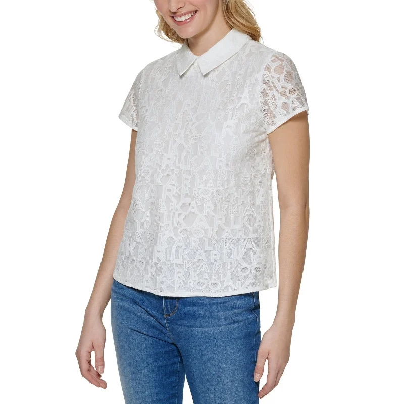 Karl Lagerfeld Paris Women's Logo Lace Blouse White Size X SmallRunning Shirts