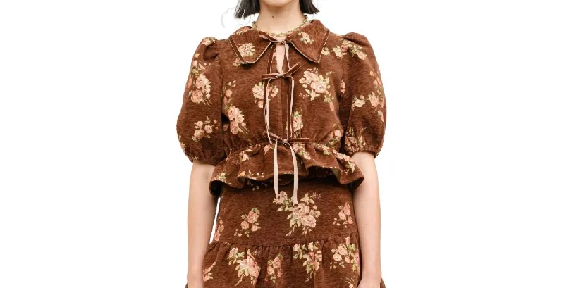 Lotta Tie Front Blouse In Dark Brown FloralLeather-Paneled Shirts