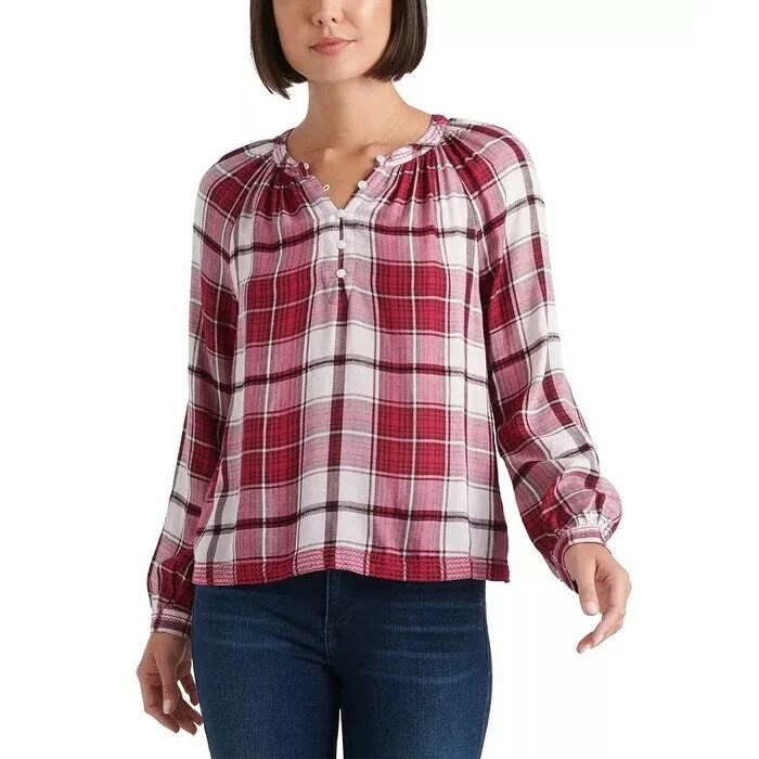 Lucky Brand Women's Jessica Plaid Popover Blouse Pink Size X-SmallDenim Shirts