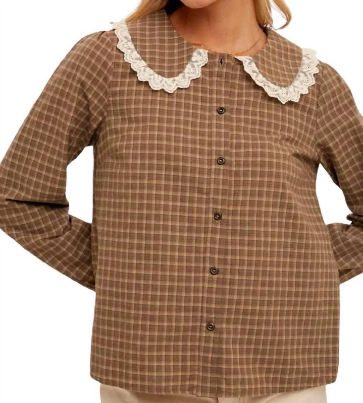 Peter Pan Collar Button Down Check Blouse In OliveFringed Shirts