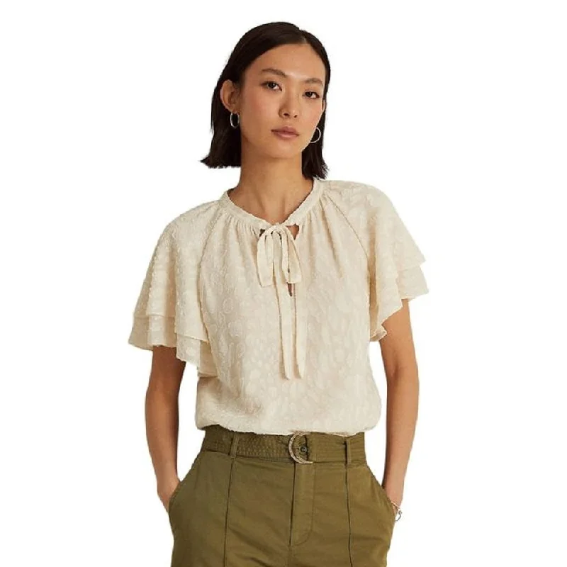 Ralph Lauren Women's Tie Neck Crinkle Jacquard Blouse White Size X-LargeBamboo Shirts