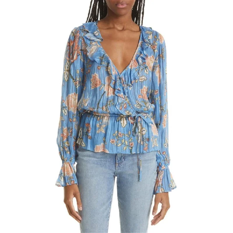 Ramy Brook Women's Veronica Floral Metallic Ruffle Blouse Blue Size X-SmallMetallic Shirts