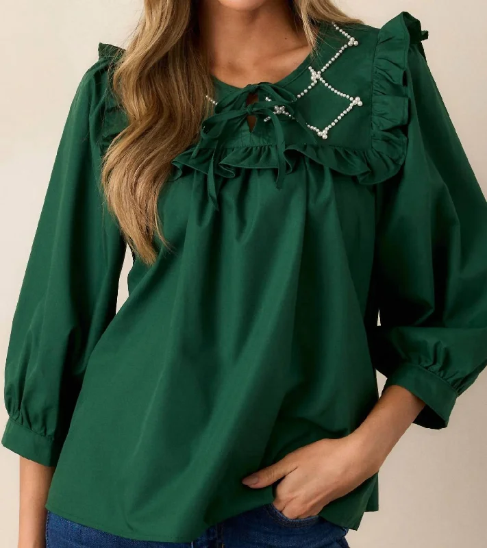 Ruffle Blouse With Pearl Detail In Emerald GreenPolyester Shirts