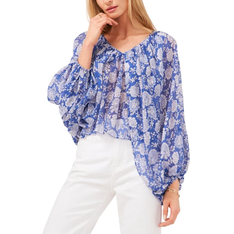 Vince Camuto Women's Floral Balloon Sleeve Blouse BlueMetallic Shirts