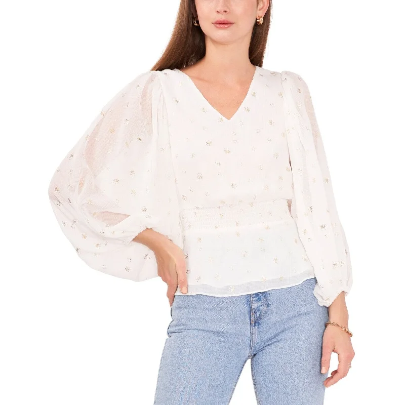 Vince Camuto Women's Foiled Smocked Hem Puff Sleeve Blouse WhitePainted Shirts