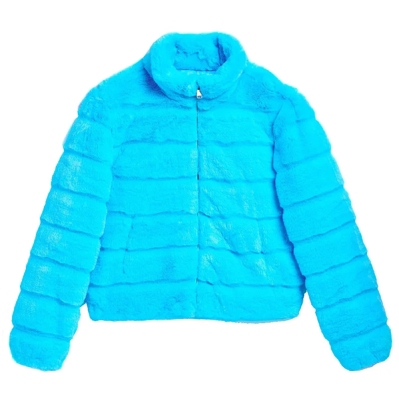 Aqua Blue Faux Fur Puffer JacketButton-Up Jackets