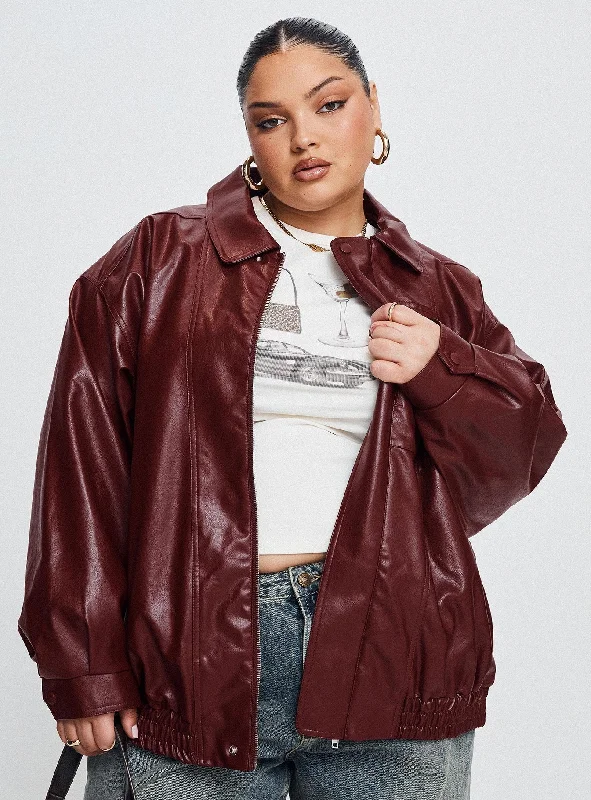 Devija Faux Leather Jacket Burgundy CurveStreetwear Jackets